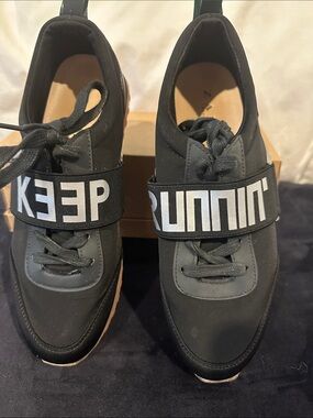 Zara NWOT Black Sneakers with White 'KEEP RUNNIN'' Elastic Strap. Size 39